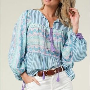Antik Batik  Amelie Blouse Boho Peasant Printed Top Blue Purple Tassels Medium